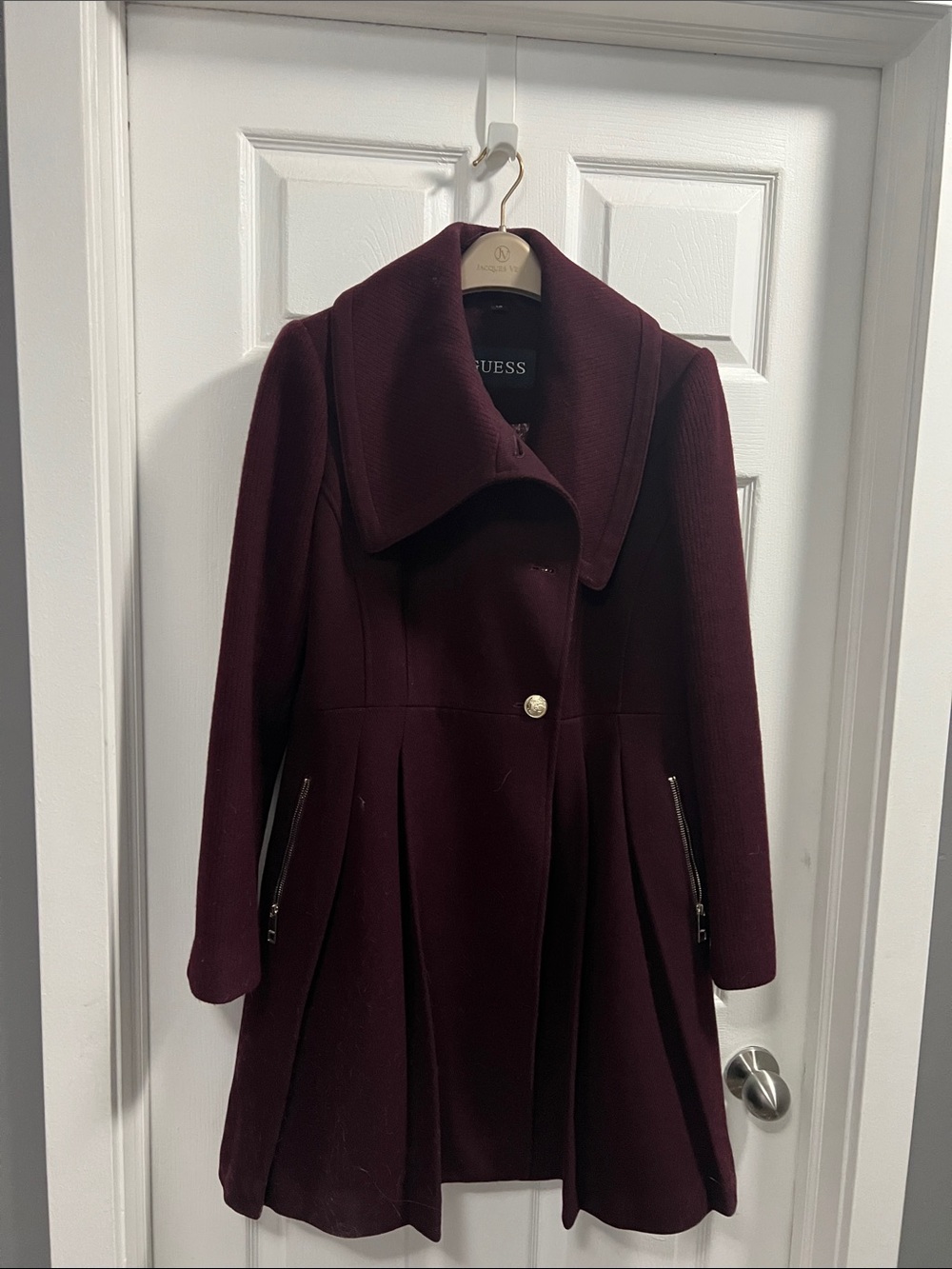 GUESS Women's Wine Burgundy Fit-and-Flare Pea Coat